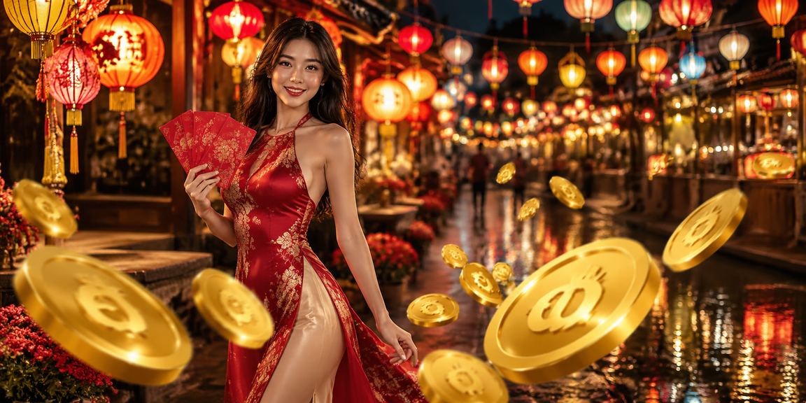 Cảnh phố chợ đêm Huế với phong bao lì xì đỏ mùa Tết